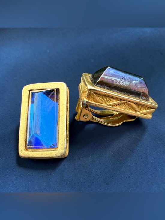 Givenchy Jewelry - Vintage Givenchy Blue Prism Couture Gold Tone Clip Earrings Etched Herringbone